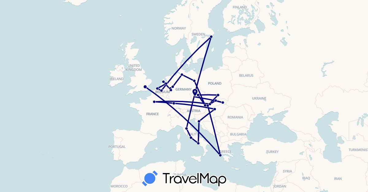TravelMap itinerary: driving in Austria, Belgium, Czech Republic, Germany, France, United Kingdom, Greece, Croatia, Hungary, Italy, Netherlands, Poland, Sweden, Slovakia (Europe)